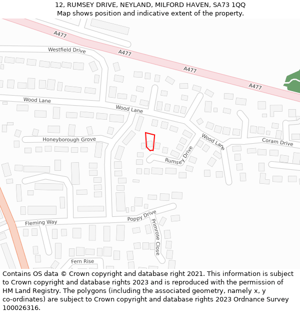 12, RUMSEY DRIVE, NEYLAND, MILFORD HAVEN, SA73 1QQ: Location map and indicative extent of plot