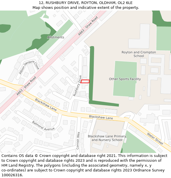 12, RUSHBURY DRIVE, ROYTON, OLDHAM, OL2 6LE: Location map and indicative extent of plot