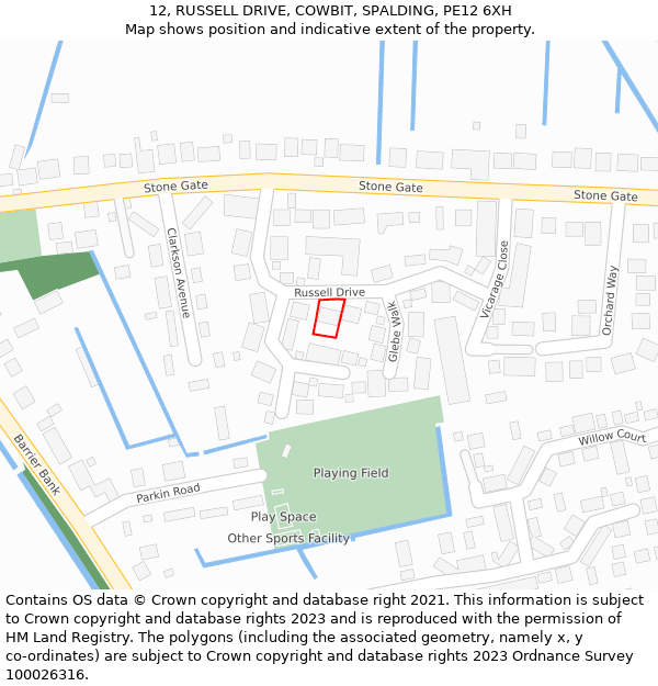 12, RUSSELL DRIVE, COWBIT, SPALDING, PE12 6XH: Location map and indicative extent of plot