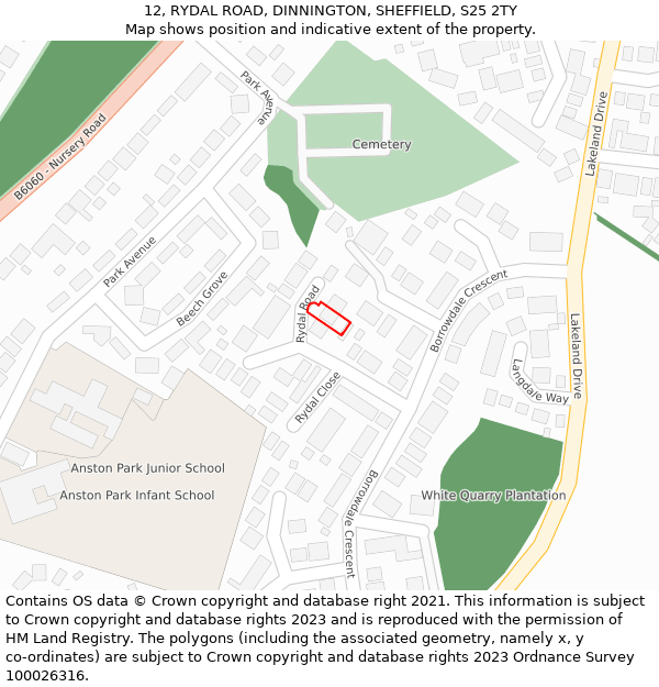 12, RYDAL ROAD, DINNINGTON, SHEFFIELD, S25 2TY: Location map and indicative extent of plot