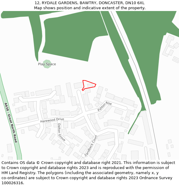 12, RYDALE GARDENS, BAWTRY, DONCASTER, DN10 6XL: Location map and indicative extent of plot