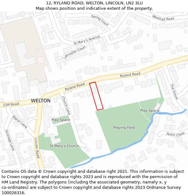 12, RYLAND ROAD, WELTON, LINCOLN, LN2 3LU: Location map and indicative extent of plot