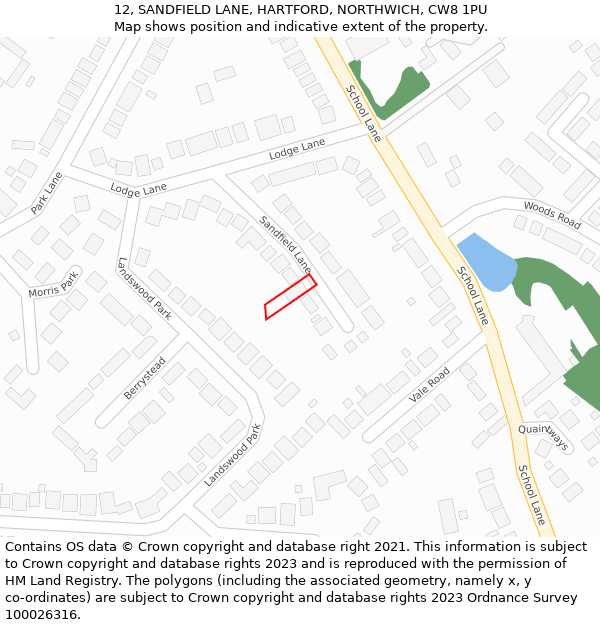 12, SANDFIELD LANE, HARTFORD, NORTHWICH, CW8 1PU: Location map and indicative extent of plot