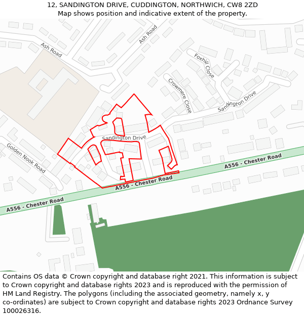 12, SANDINGTON DRIVE, CUDDINGTON, NORTHWICH, CW8 2ZD: Location map and indicative extent of plot