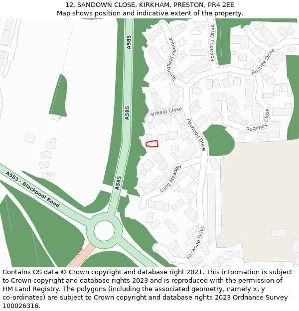 12, SANDOWN CLOSE, KIRKHAM, PRESTON, PR4 2EE: Location map and indicative extent of plot