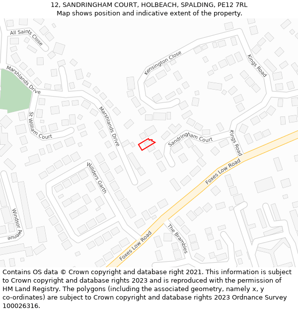 12, SANDRINGHAM COURT, HOLBEACH, SPALDING, PE12 7RL: Location map and indicative extent of plot