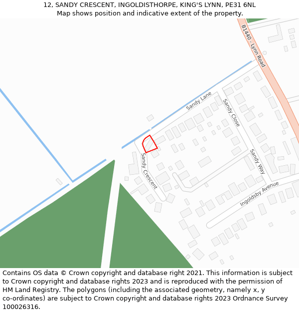 12, SANDY CRESCENT, INGOLDISTHORPE, KING'S LYNN, PE31 6NL: Location map and indicative extent of plot