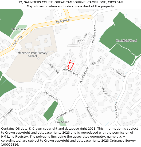 12, SAUNDERS COURT, GREAT CAMBOURNE, CAMBRIDGE, CB23 5AR: Location map and indicative extent of plot