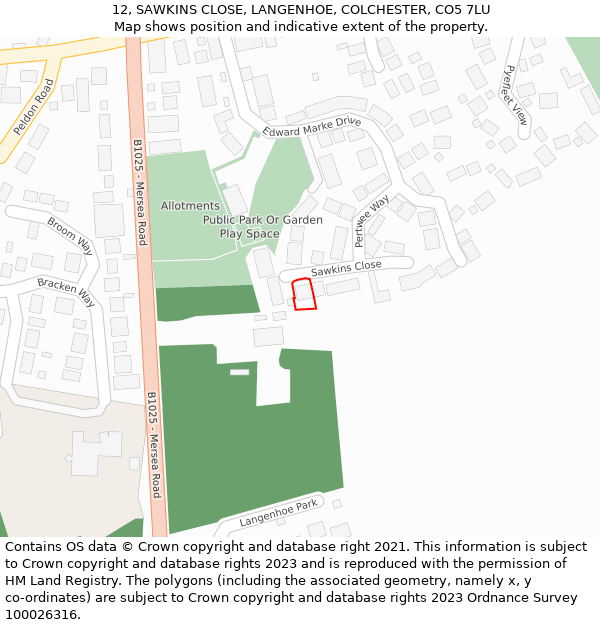 12, SAWKINS CLOSE, LANGENHOE, COLCHESTER, CO5 7LU: Location map and indicative extent of plot