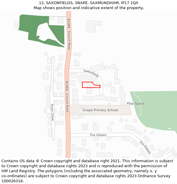 12, SAXONFIELDS, SNAPE, SAXMUNDHAM, IP17 1QA: Location map and indicative extent of plot