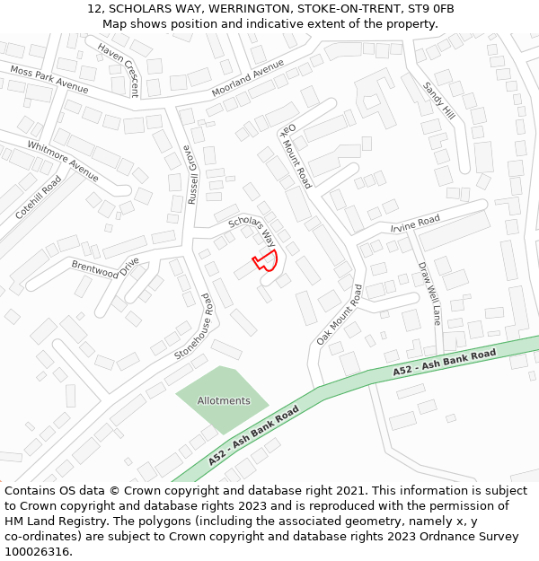 12, SCHOLARS WAY, WERRINGTON, STOKE-ON-TRENT, ST9 0FB: Location map and indicative extent of plot