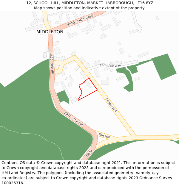 12, SCHOOL HILL, MIDDLETON, MARKET HARBOROUGH, LE16 8YZ: Location map and indicative extent of plot