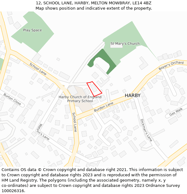 12, SCHOOL LANE, HARBY, MELTON MOWBRAY, LE14 4BZ: Location map and indicative extent of plot