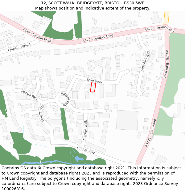 12, SCOTT WALK, BRIDGEYATE, BRISTOL, BS30 5WB: Location map and indicative extent of plot