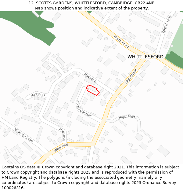 12, SCOTTS GARDENS, WHITTLESFORD, CAMBRIDGE, CB22 4NR: Location map and indicative extent of plot