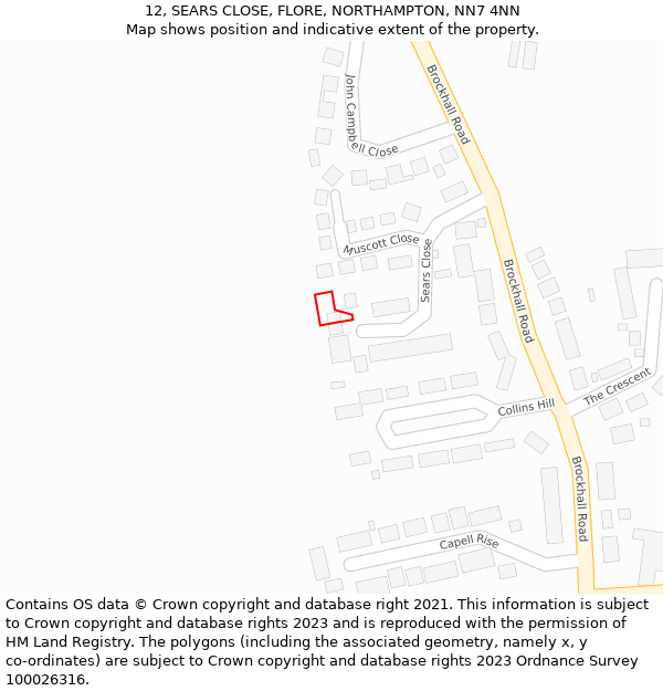 12, SEARS CLOSE, FLORE, NORTHAMPTON, NN7 4NN: Location map and indicative extent of plot