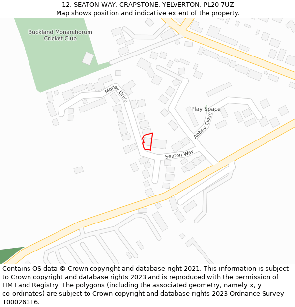 12, SEATON WAY, CRAPSTONE, YELVERTON, PL20 7UZ: Location map and indicative extent of plot