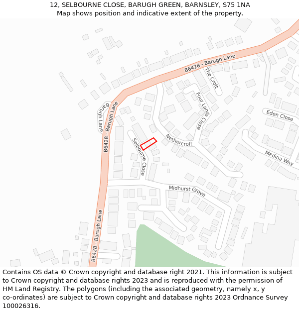 12, SELBOURNE CLOSE, BARUGH GREEN, BARNSLEY, S75 1NA: Location map and indicative extent of plot