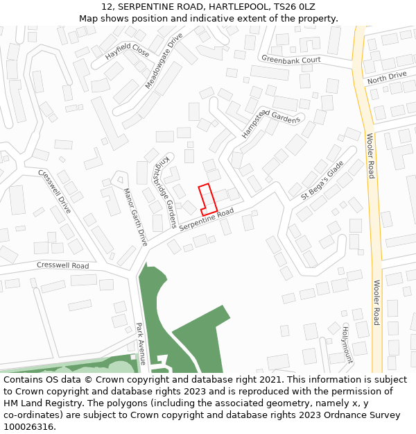 12, SERPENTINE ROAD, HARTLEPOOL, TS26 0LZ: Location map and indicative extent of plot