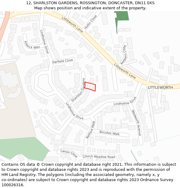 12, SHARLSTON GARDENS, ROSSINGTON, DONCASTER, DN11 0XS: Location map and indicative extent of plot