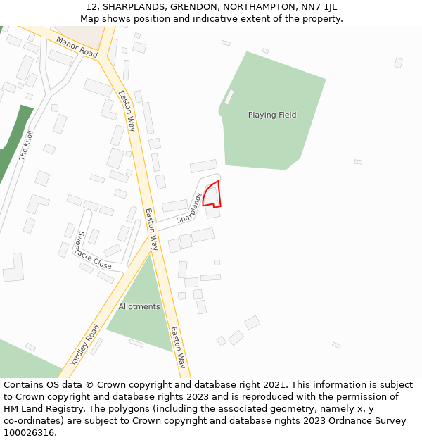 12, SHARPLANDS, GRENDON, NORTHAMPTON, NN7 1JL: Location map and indicative extent of plot