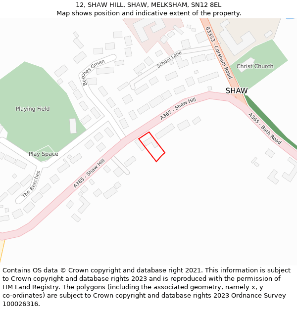 12, SHAW HILL, SHAW, MELKSHAM, SN12 8EL: Location map and indicative extent of plot