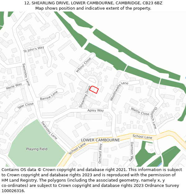 12, SHEARLING DRIVE, LOWER CAMBOURNE, CAMBRIDGE, CB23 6BZ: Location map and indicative extent of plot