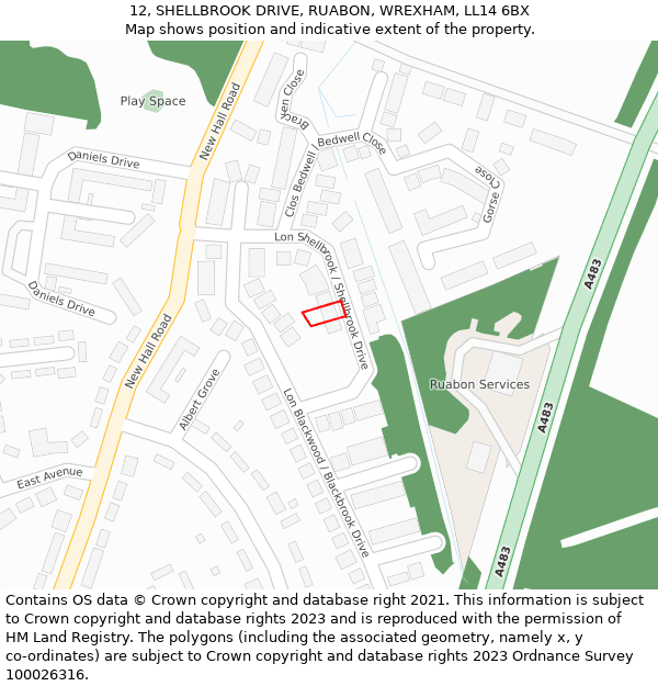 12, SHELLBROOK DRIVE, RUABON, WREXHAM, LL14 6BX: Location map and indicative extent of plot