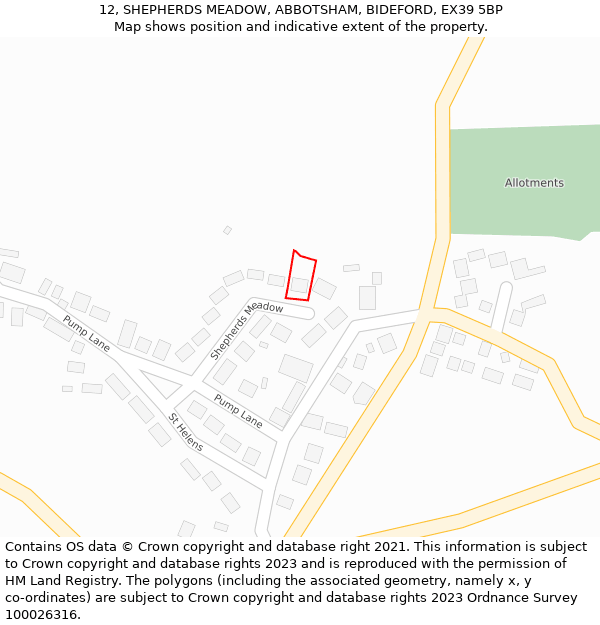 12, SHEPHERDS MEADOW, ABBOTSHAM, BIDEFORD, EX39 5BP: Location map and indicative extent of plot