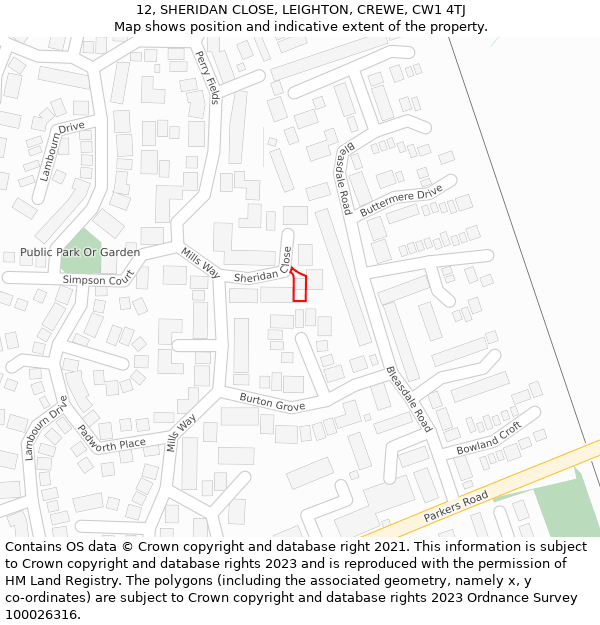 12, SHERIDAN CLOSE, LEIGHTON, CREWE, CW1 4TJ: Location map and indicative extent of plot