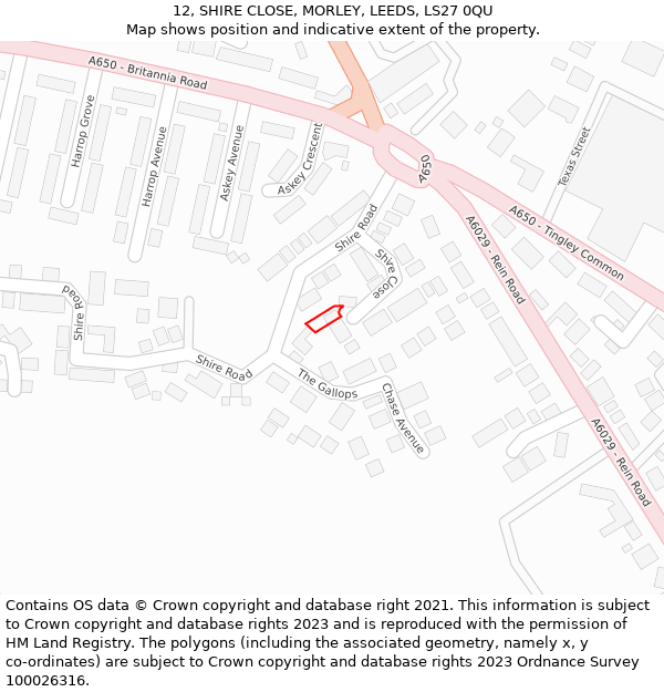 12, SHIRE CLOSE, MORLEY, LEEDS, LS27 0QU: Location map and indicative extent of plot