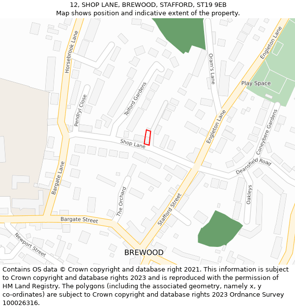 12, SHOP LANE, BREWOOD, STAFFORD, ST19 9EB: Location map and indicative extent of plot