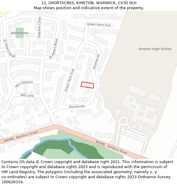 12, SHORTACRES, KINETON, WARWICK, CV35 0LH: Location map and indicative extent of plot