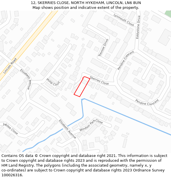 12, SKERRIES CLOSE, NORTH HYKEHAM, LINCOLN, LN6 8UN: Location map and indicative extent of plot