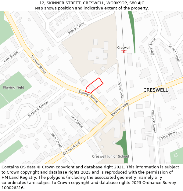 12, SKINNER STREET, CRESWELL, WORKSOP, S80 4JG: Location map and indicative extent of plot
