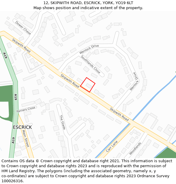 12, SKIPWITH ROAD, ESCRICK, YORK, YO19 6LT: Location map and indicative extent of plot