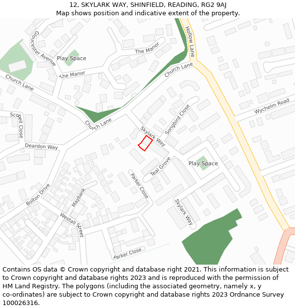 12, SKYLARK WAY, SHINFIELD, READING, RG2 9AJ: Location map and indicative extent of plot