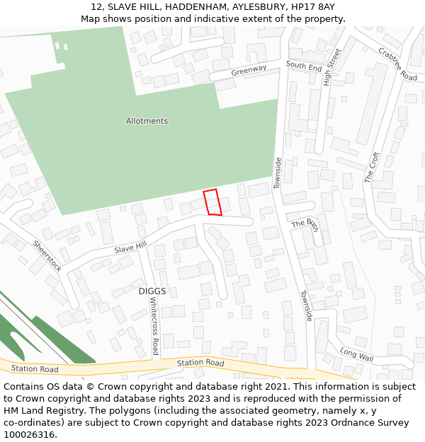 12, SLAVE HILL, HADDENHAM, AYLESBURY, HP17 8AY: Location map and indicative extent of plot