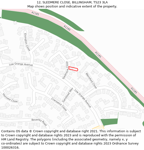 12, SLEDMERE CLOSE, BILLINGHAM, TS23 3LA: Location map and indicative extent of plot