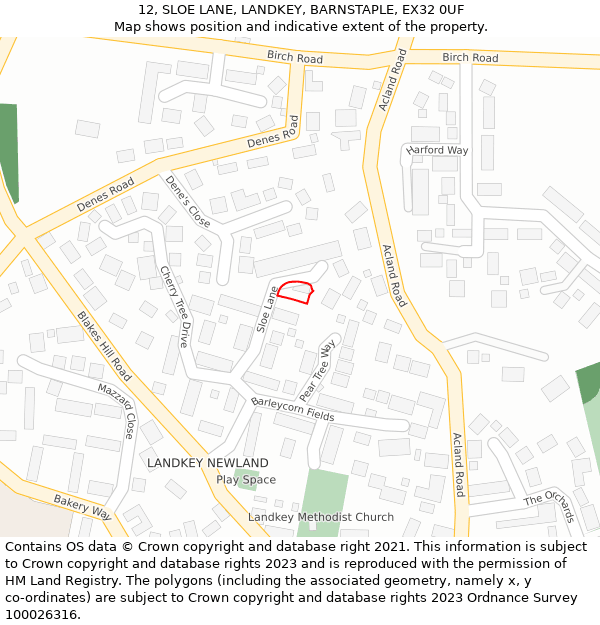 12, SLOE LANE, LANDKEY, BARNSTAPLE, EX32 0UF: Location map and indicative extent of plot