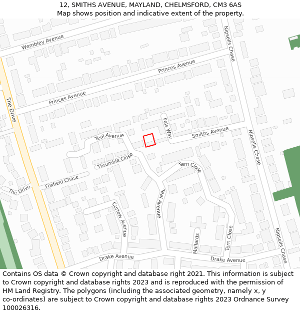 12, SMITHS AVENUE, MAYLAND, CHELMSFORD, CM3 6AS: Location map and indicative extent of plot