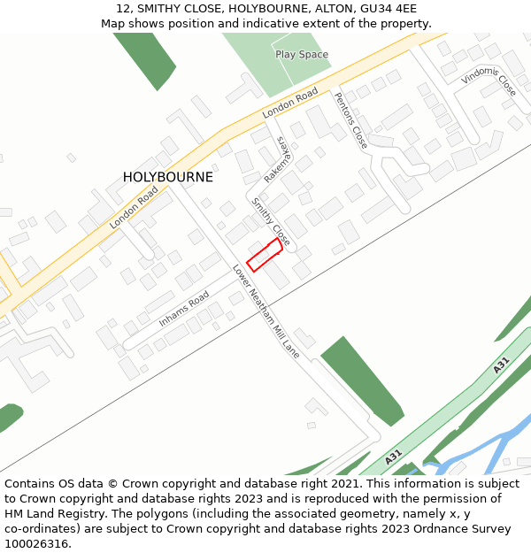 12, SMITHY CLOSE, HOLYBOURNE, ALTON, GU34 4EE: Location map and indicative extent of plot