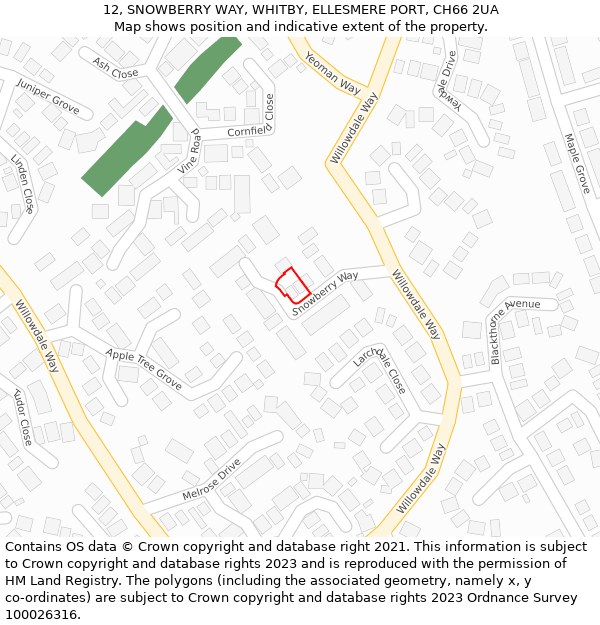 12, SNOWBERRY WAY, WHITBY, ELLESMERE PORT, CH66 2UA: Location map and indicative extent of plot