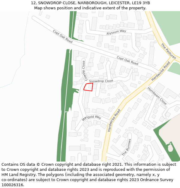 12, SNOWDROP CLOSE, NARBOROUGH, LEICESTER, LE19 3YB: Location map and indicative extent of plot