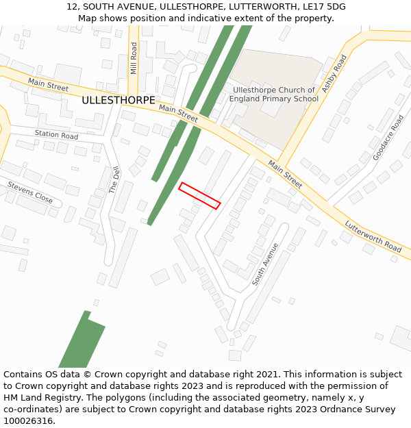 12, SOUTH AVENUE, ULLESTHORPE, LUTTERWORTH, LE17 5DG: Location map and indicative extent of plot