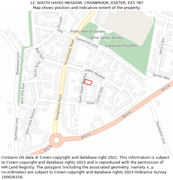 12, SOUTH HAYES MEADOW, CRANBROOK, EXETER, EX5 7BY: Location map and indicative extent of plot