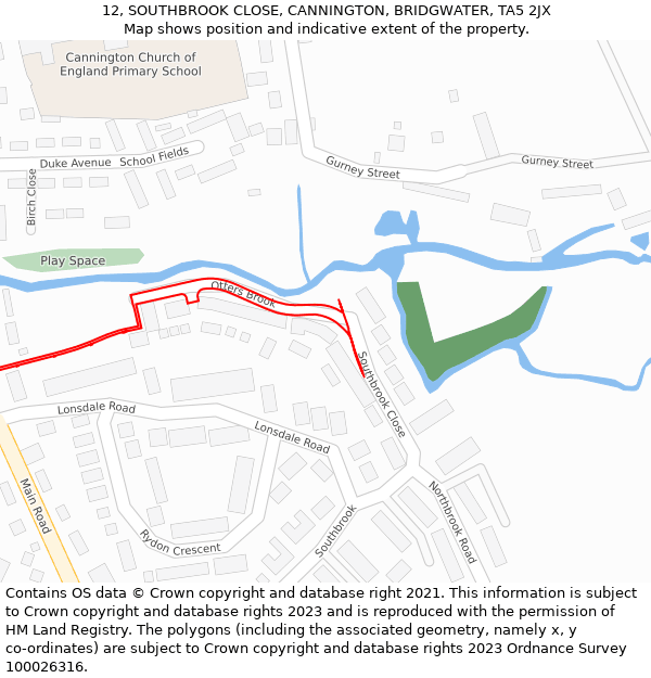 12, SOUTHBROOK CLOSE, CANNINGTON, BRIDGWATER, TA5 2JX: Location map and indicative extent of plot