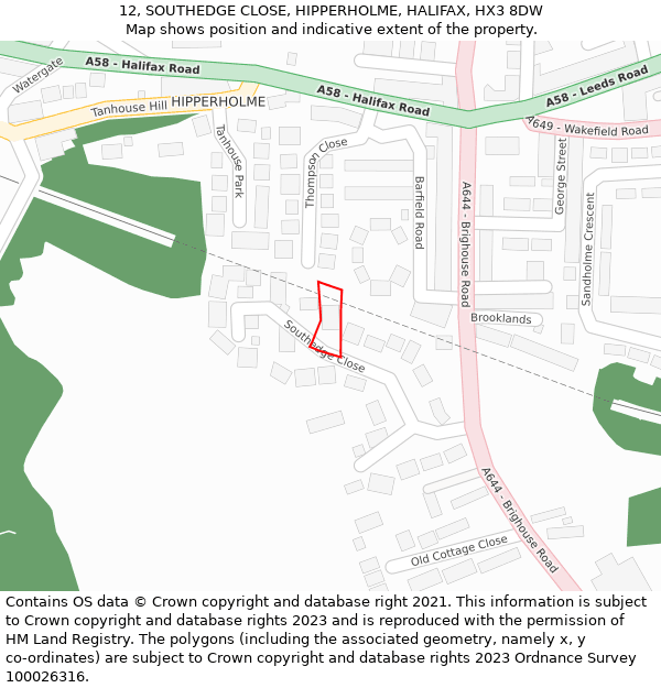 12, SOUTHEDGE CLOSE, HIPPERHOLME, HALIFAX, HX3 8DW: Location map and indicative extent of plot