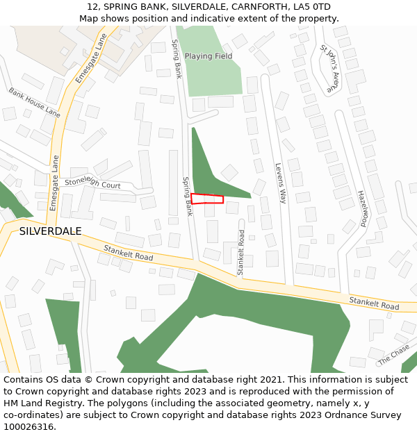 12, SPRING BANK, SILVERDALE, CARNFORTH, LA5 0TD: Location map and indicative extent of plot