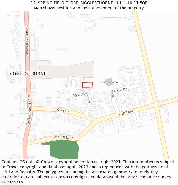 12, SPRING FIELD CLOSE, SIGGLESTHORNE, HULL, HU11 5QP: Location map and indicative extent of plot